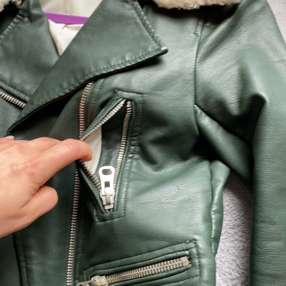 Zara Leather Green Jacket with removal Collar - Picture 10 of 16